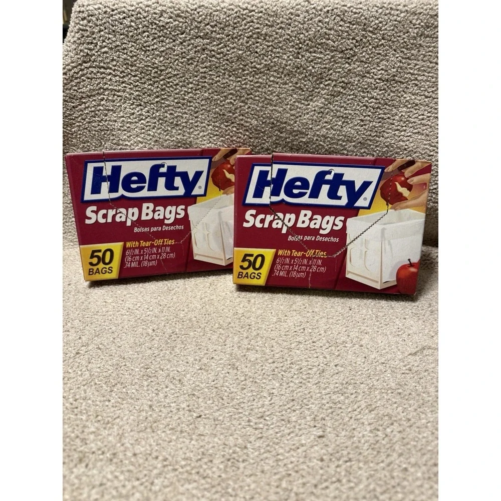 2 Boxes Hefty Scrap Bags  w/ Tear Off Ties 2‎ x 50 Bags Damaged Boxes READ